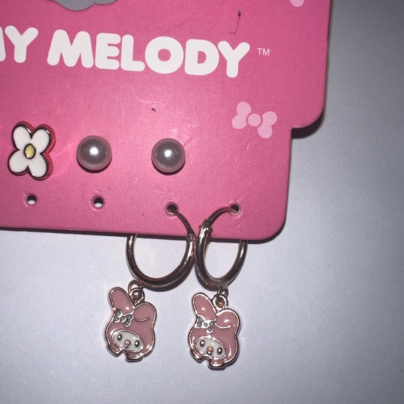 NWT sanrio earrings set of 4 my melody pearl hearts flowers card gift girls lot - Picture 3 of 4